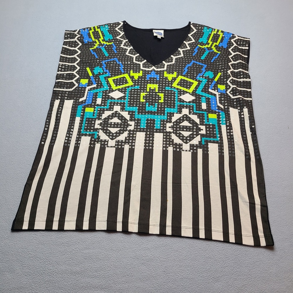 DG2 by Diane Gilman Top Women 1X Black White Good Sequin Geometric Tribal V-Neck